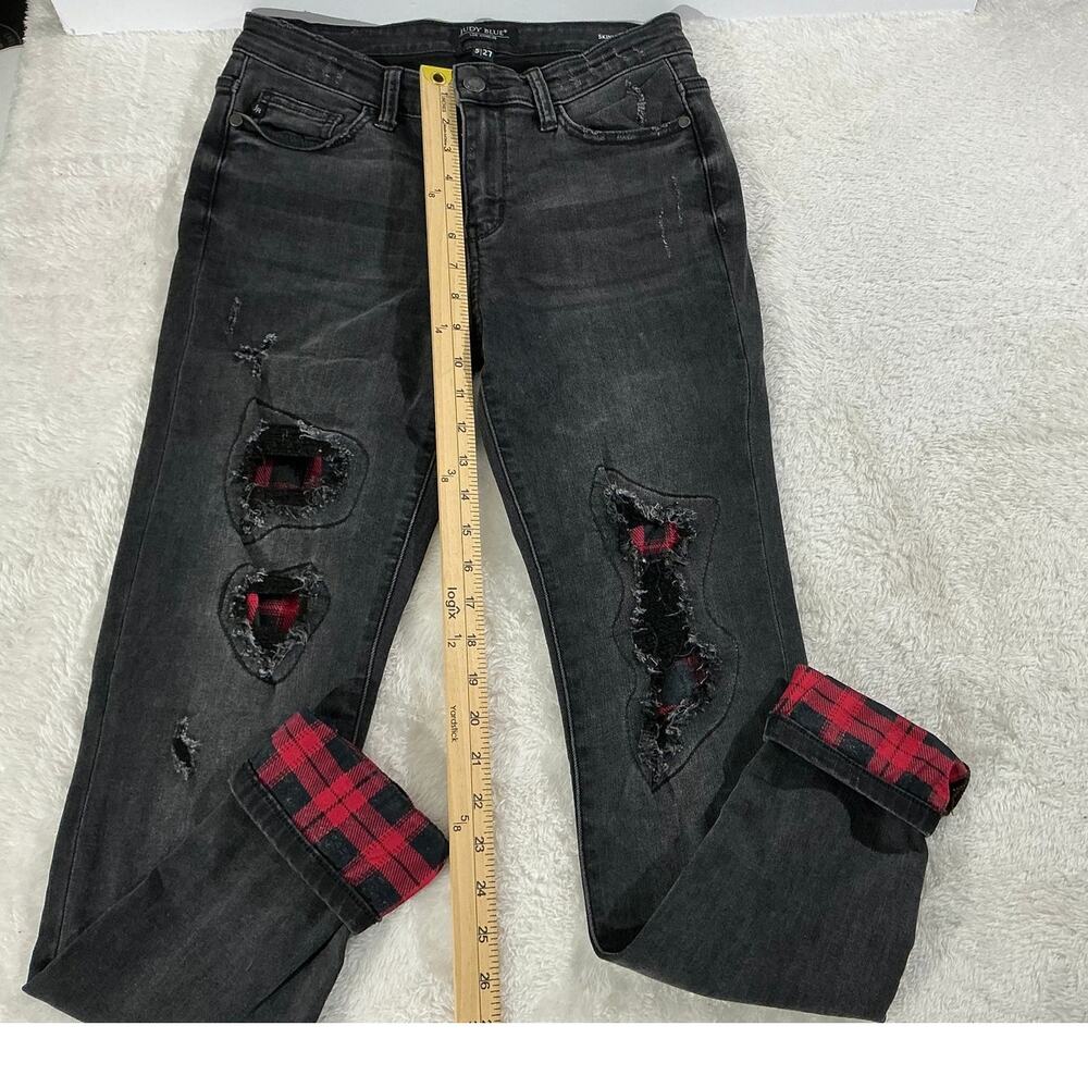 Judy Blue Skinny Jeans Womens 5/27 Black Distressed Plaid Cuff Stretch Denim